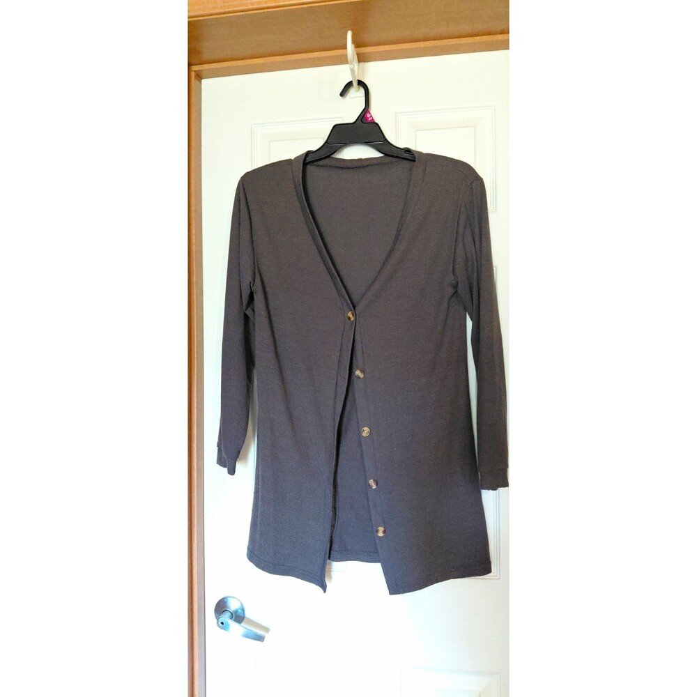 Black V-Neck Button Front 3/4 Sleeve Knit Stretch Cardigan Women M